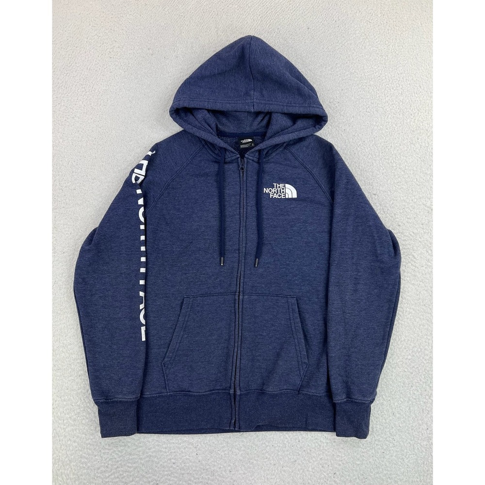The North Face Hoodie Sweatshirt Womens Medium Blue Full Zip Logo Fleece Raglan